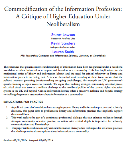 Commodification of the Information Profession A Critique of Higher Education Under Neoliberalism by Lawson Sanders and Smith