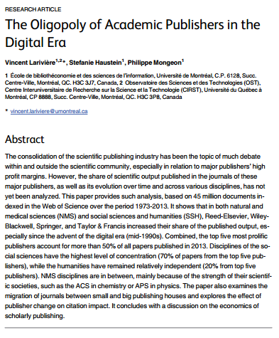 The Oligopoly of Academic Publishers in the Digital Era